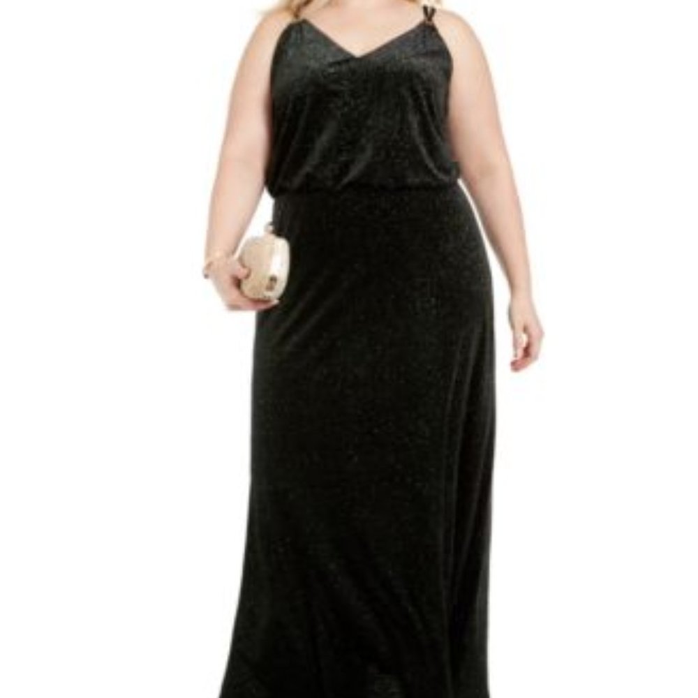 Green Sparkle Over Black Velvet Evening Dress, 16W